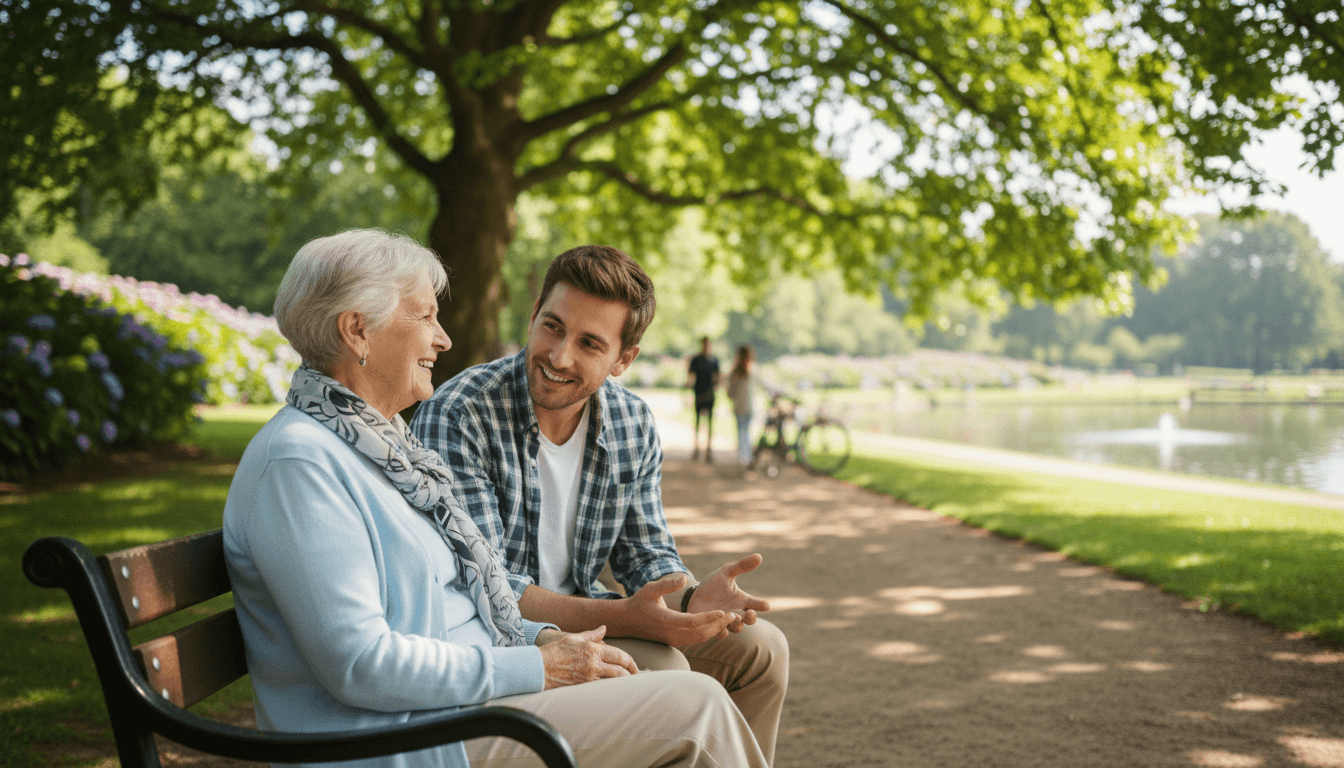 Senior woman and young man sitting on a park bench sharing stories