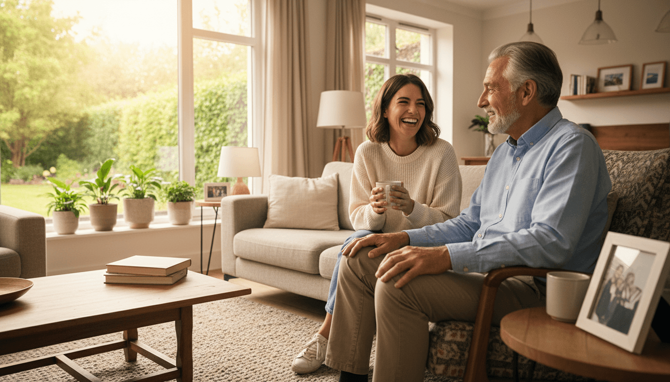 Older adult and young person smiling during a warm conversation