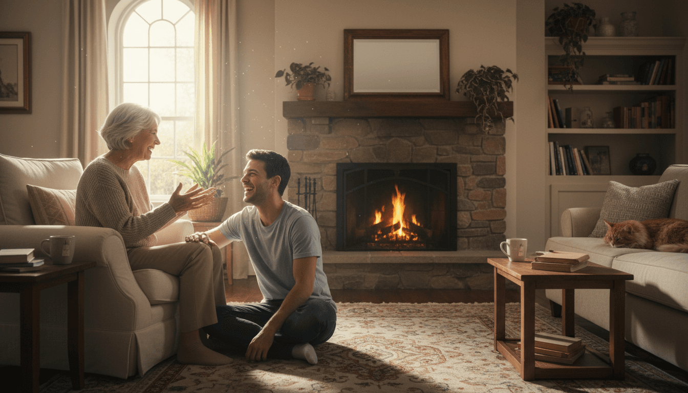 Older adult and younger person sharing a warm conversation in a cozy living room