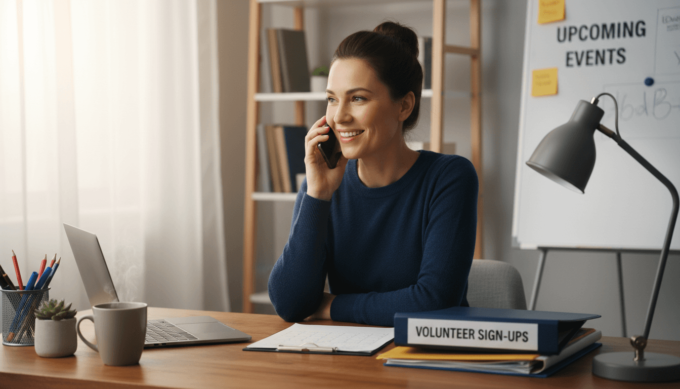 Volunteer coordinator having a friendly phone call at a desk