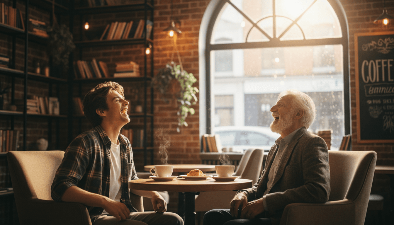 Young adult and older man laughing together over coffee
