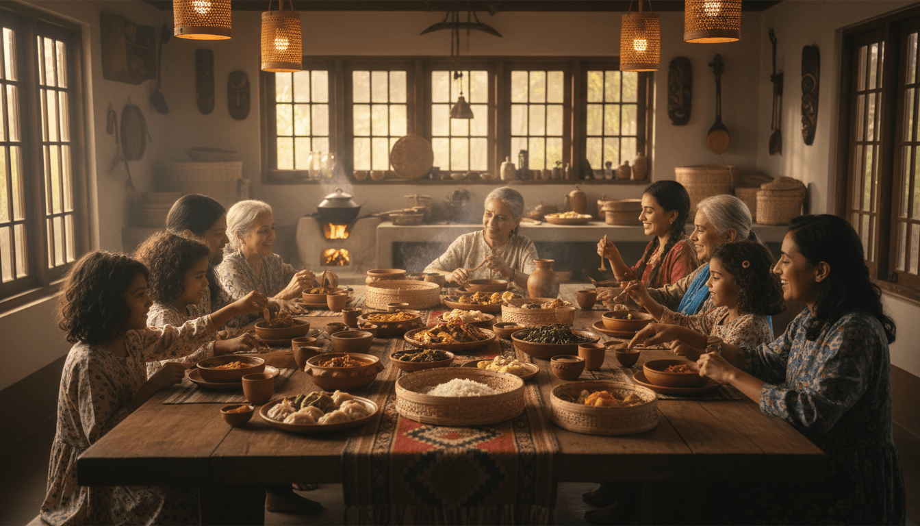 diverse group of different generations sharing meal at long table outdoors