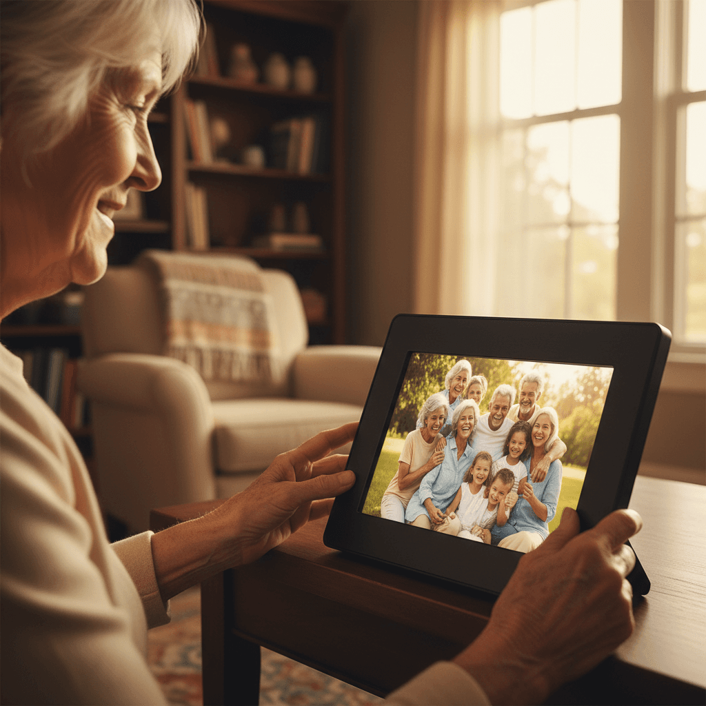 older woman sharing photo album with young adult, both smiling