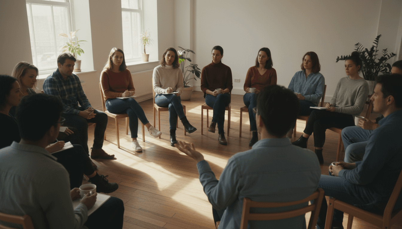 small group of adults in relaxed workshop circle listening attentively